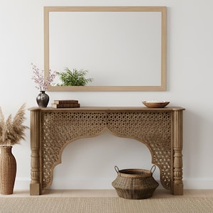 Reclaimed Wood 75" Large Console Table | Hand Carved Lattice Arch Foyer Entryway Furniture | Rustic Mediterranean Sofa Table Statement