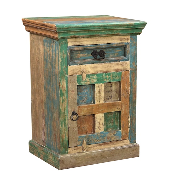 Farmhouse Style Reclaimed Wood Colored Nightstand Distressed