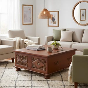 May include: A square wooden coffee table with a rich brown finish, featuring intricate carved panels on the front, a smooth top surface, and small bun feet. The table is positioned in a living room setting with light-colored upholstered furniture.