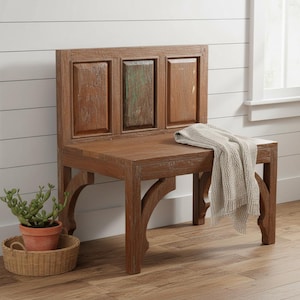 May include: A wooden bench with a high back featuring three rectangular panels and curved support legs. A beige textured throw blanket is draped over the seat. A green succulent plant in a terracotta pot sits in a woven basket nearby.