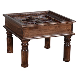 24” Square Unique Carved End Table With Brass Pin Accents | Solid Wood Side Table | Decorative Livibg Room Table | Indian Furniture