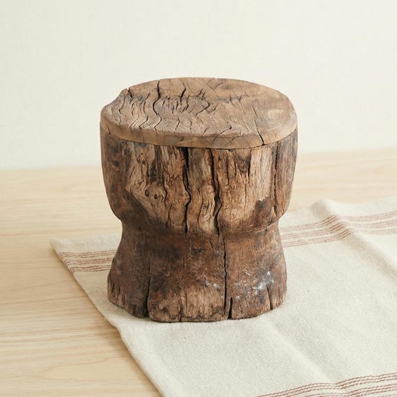 Rustic Teak Wood Pedestal Stand | Reclaimed Antique Mortar Riser for Farmhouse Table Decor | Unique Home Gift | Primitive 10 Inch Plant Base
