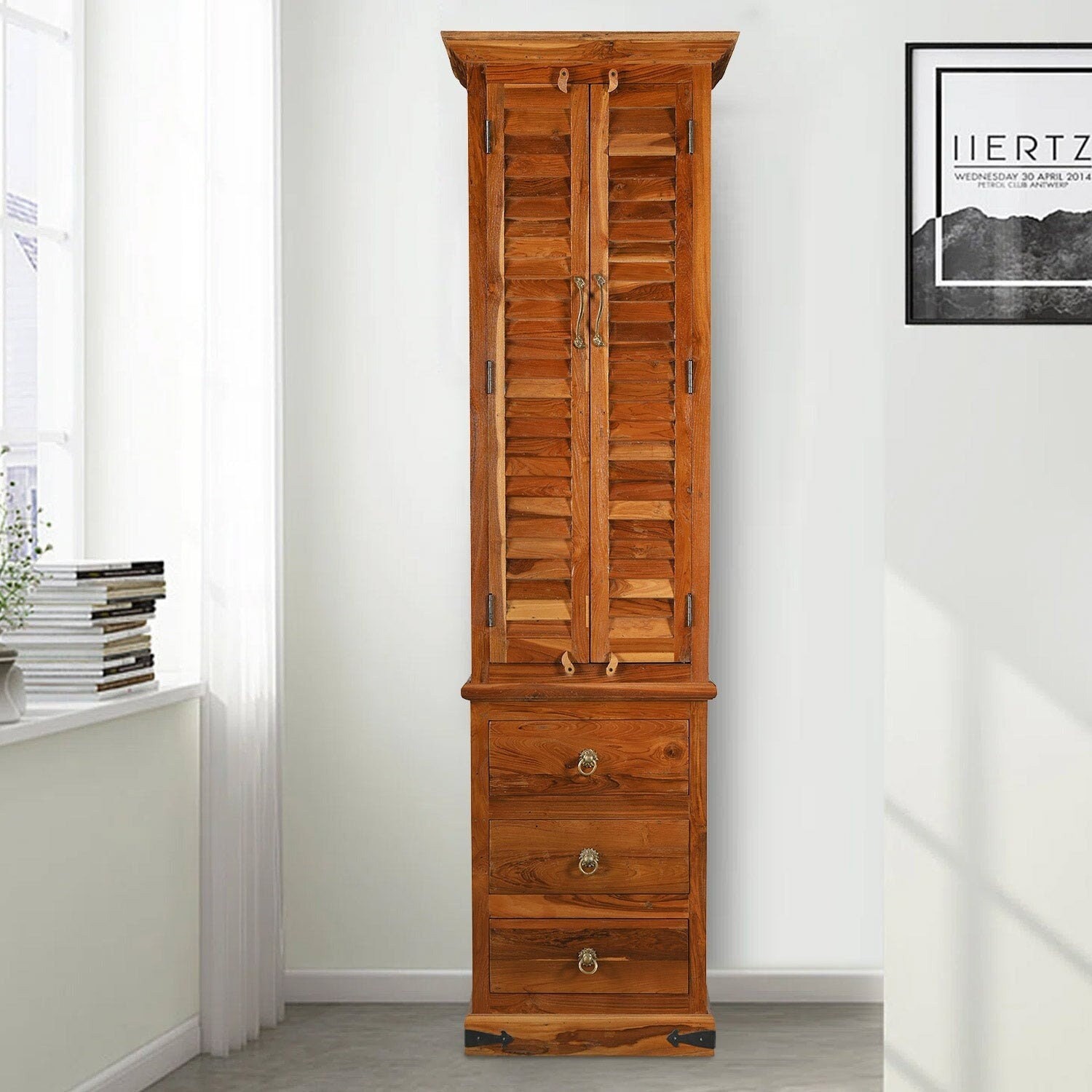 Rustic 84 Inch Tall Louvered Shutter Armoire With 3 Drawers Vintage Transitional Style 2 Door Wardrobe Antique Carved Bedroom Closet Etsy