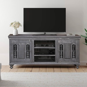 Distressed Ash Gray Finish Media Console With Grill Accents | Modern Solid Wood TV Cabinet | Farmhouse Style 32&quot; Tall Entertainment Center