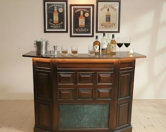 Rustis Modern Solid Wood 57" Wide Serving Bar Cabinet With Storage | Vintage Distressed Wine Cabinet | Dining Living Room Bar | Mancave Bar