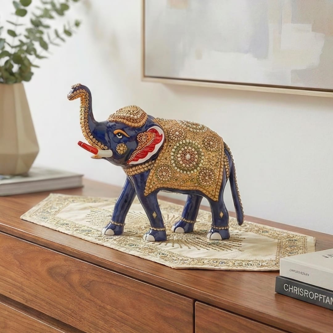 Luxury Hand Painted Royal Blue Wood Elephant Statue With Gold Accents ...