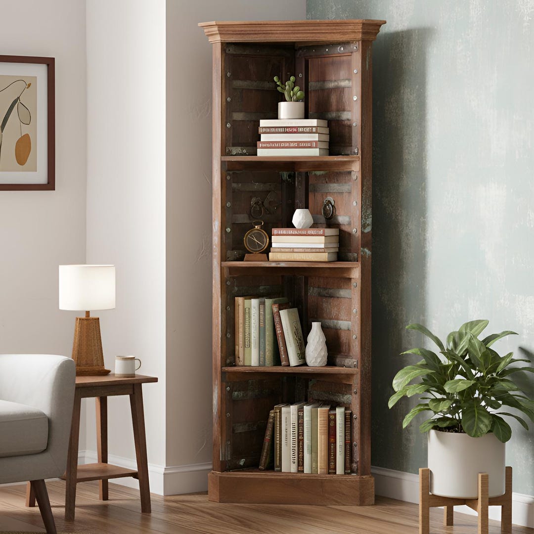 1900s Teak Wood Door Repurposed Eclectic Corner Display Unit