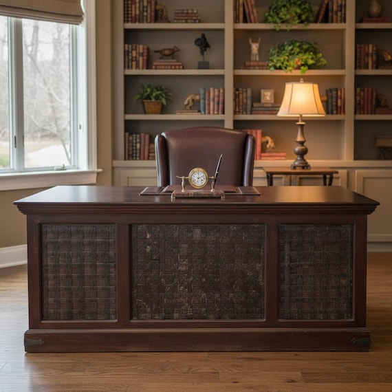 Rustic Ranch Style 72" Wide Solid Wood Desk With Metal Accents | Home Office Large Desk | Unique Excutive Desk