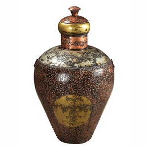 Vintage 40" Tall Metal Vase With Lid | Copper Gold Art Deco Decor | Moorish Mediterranean Decorative Pot | Large Grand Accent Barrel