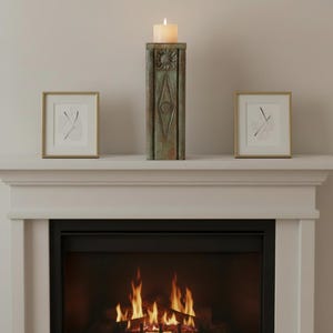 May include: A tall, rectangular, weathered green wooden pillar candle holder featuring a carved sunflower motif at the top and a diamond shape in the center, topped with a single lit white pillar candle, flanked by two framed abstract line art prints.