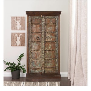 Antique Carved Door Repurposed 65&quot; Tall Rustic Armoire | Solid Wood Wardrobe | Unique Bedroom Closet |  Distressed Wood Vintage Cupboard