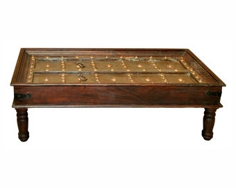 1900s Antique Repurposed Door Top Solid Wood Coffee Table | Handmade Decorative Vintage Cocktail Table | Rectangle Living Room Table