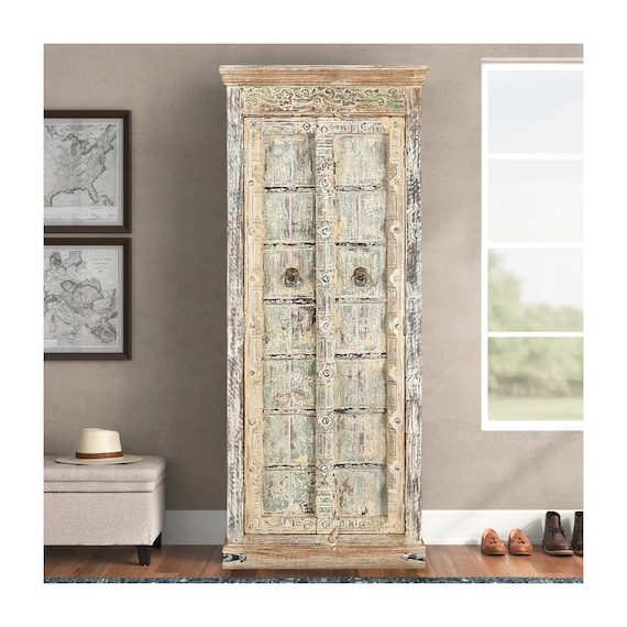 82 Tall Distressed White Antique Door Upcycled Solid Wood Armoire Farmhouse Style Bedroom Wardrobe Rustic Cupboard Narrow Tall Closet Etsy