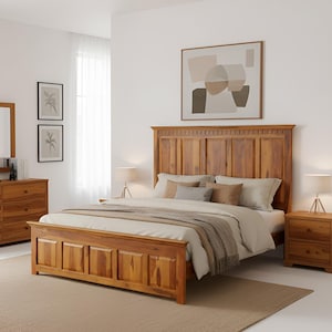 Handmade Hand Carved Solid Wood King Size Bed | Rustic Country King Headboard | Mid Century Modern Bedroom Furniture  | Indian Furniture