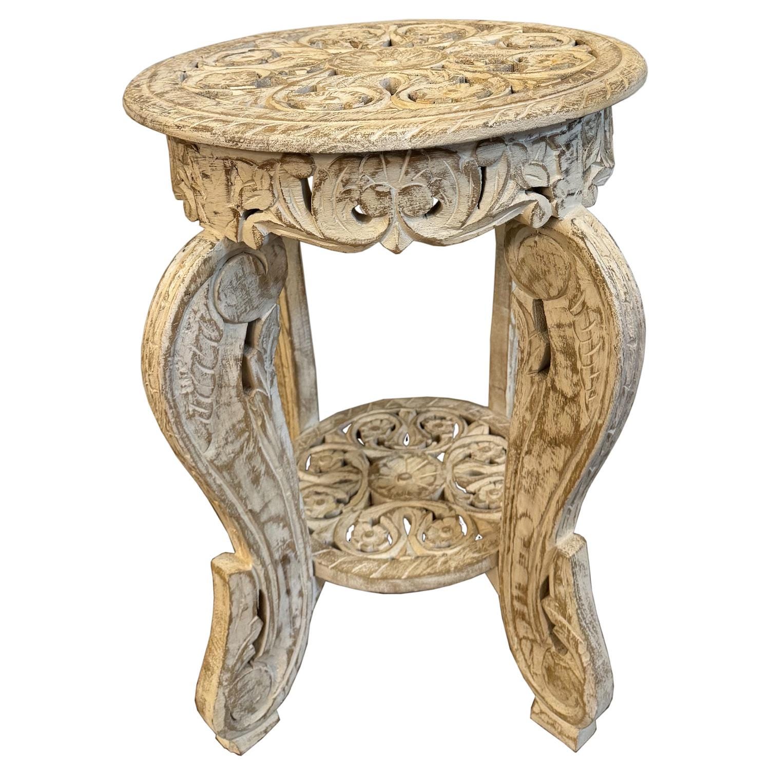 Hand Carved Wood Side Table | 18" Round Jaali Lattice Accent Table ...