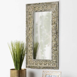 30” x 47” Hand Carved Mirror | Distressed White Painted Mirror | Farmhoyse Style Vanity Mirror | Wooden Decorative Vintage Wall Mirror