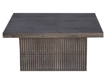 18 Inch Tall Distressed Gray Finished Wooden Block Coffee Table | Modern Living Room Center Table | Boho Chic Square Cocktail Table