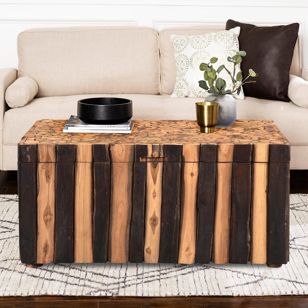 Rustic Ribbed Wood Chest Coffee Table Farmhouse Solid Wood Trunk Table