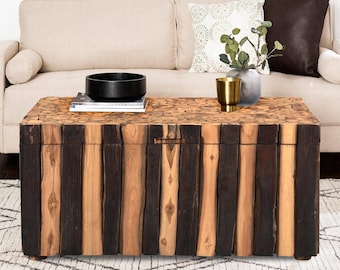 Rustic Ribbed Wood Chest Coffee Table | Farmhouse Solid Wood Trunk Table | Two Tone Center Table | Log Cabin Narrow Bed End Blanket Box