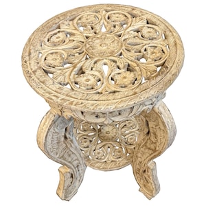 18&quot; Round Lattice Carved Solid Wood End Table | Farmhouse Style Distressed Side Table | Indian Ornate Accent Table | Decorative Table