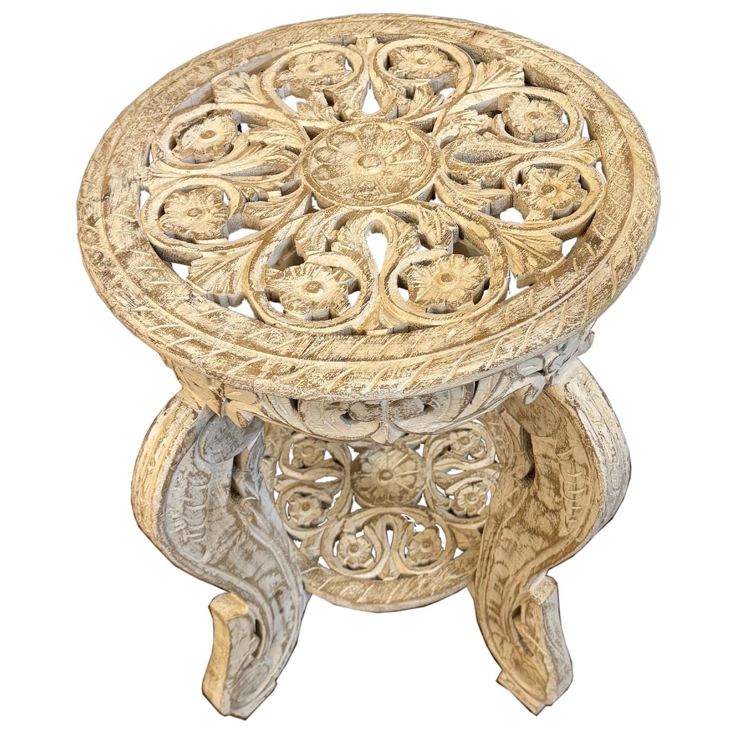Hand Carved Wood Side Table | 18" Round Jaali Lattice Accent Table ...