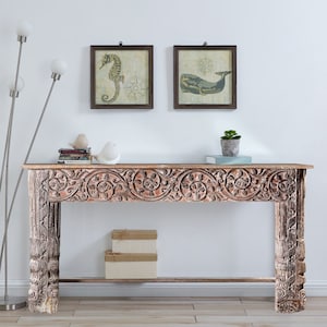 Antique Lintel And Spliced Column Rustic Console  | Handcrafted Solid Wood Sofa Table | Distrssed Rustic Farmhouse Entryway Hall Table