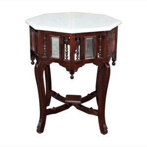 Decorative Foyer Table With Marble Top | Solid Teak Wood End Table | Handmade Living Room Side Table | Distressed Brown Table