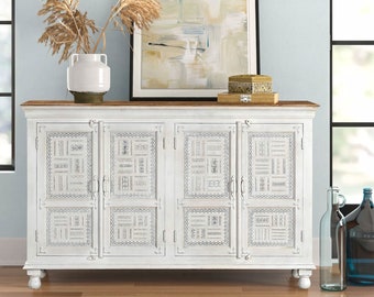 Two Tone Solid Wood 71" Long Buffet With Metal Accents | Unique Storage Cabinet | Distressed White Washed Sideboard | Boho Farmhouse Credenz