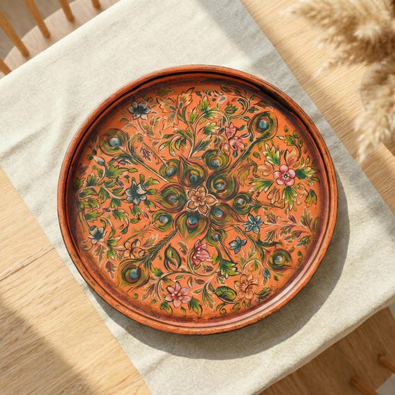 Decorative Vintage Serving Tray for Coffee Table | Round Hand Painted Farmhouse Centerpiece |Distressed Metal Tray Housewarming Gift