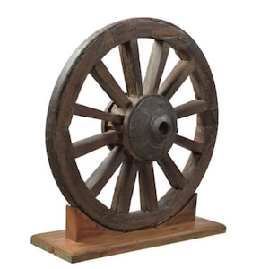 Antique Wood Wheel On Display Stand | Eclectic Western Décor Patio | Rustic Farmhouse Country Style Accent Piece | Garden Poolside Decor