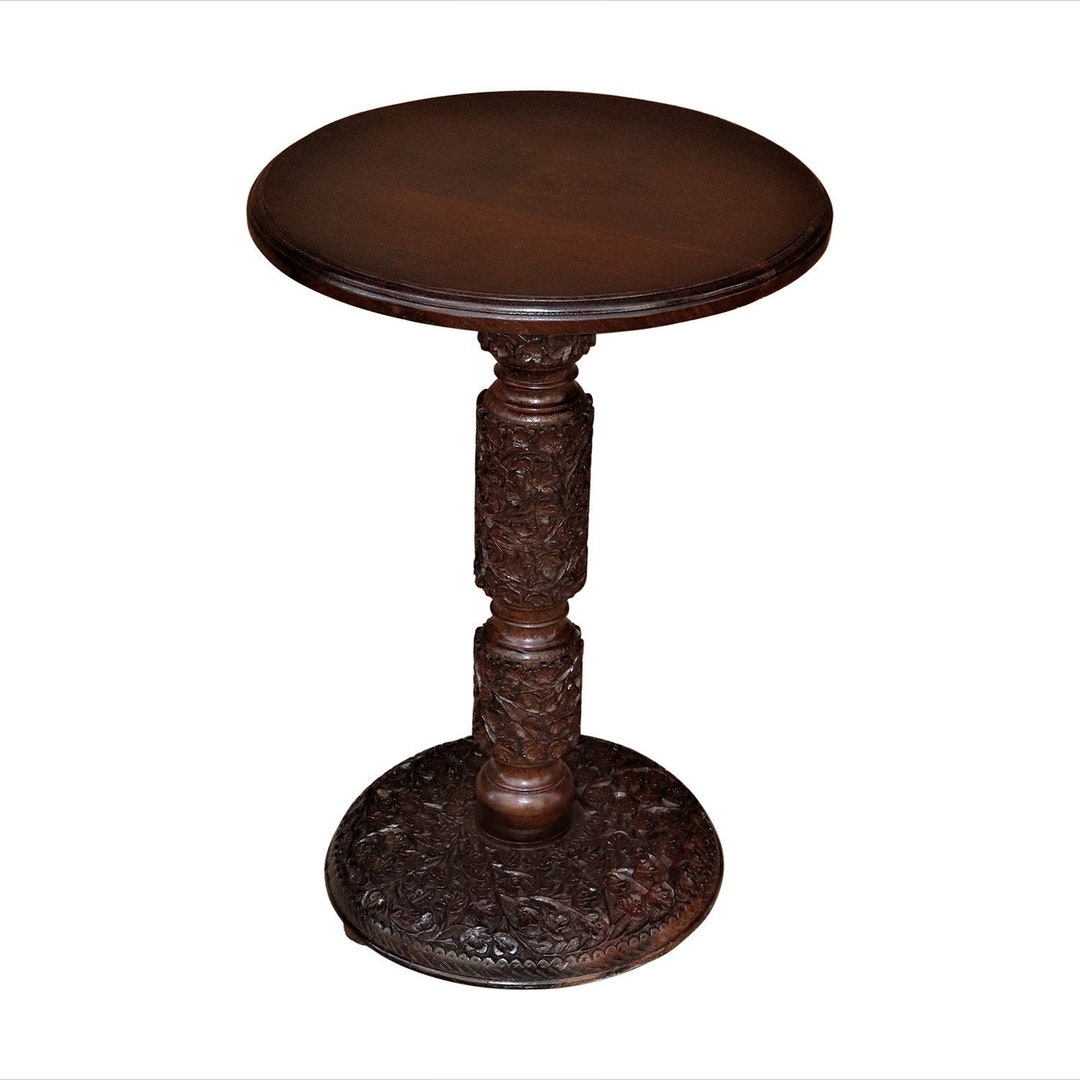 Vintage Round Walnut End Table Handmade Hand Carved Decorative Side Table Elegant Accent