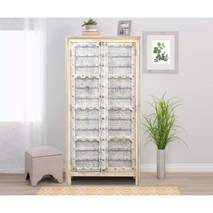 Farmhouse Style Solid Wood Antique Door Repurposed 68&quot; Tall Armoire in Distressed White | Rustic Modern Closet | Unique Bedroom Cupboard