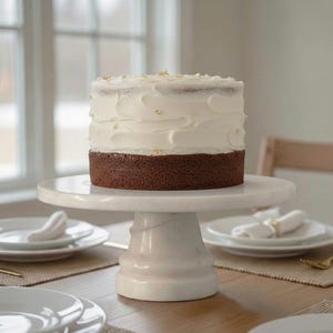 May include: A two-layer cake with white frosting and gold leaf accents sits on a white marble cake stand. The cake has a dark brown base and is displayed on a table set with white plates and gold utensils.