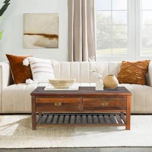 Country Style Distressed Spalted Wood Coffee Table With Drawers | 48&quot;x24&quot; Rectangle Center Table | Rustic Coffee Table With Storage Drawers