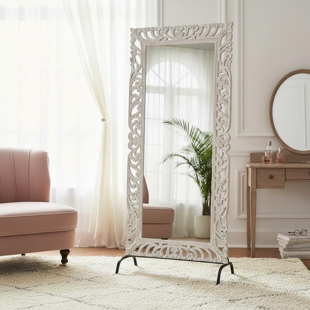 84 Inch Full Length Mirror With Stand | Hand Carved Wood Floor Mirror ...