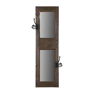 Vintage Window Repuposed Mudroom Mirror With Hooks | Aged Teak Wood Wall Panel | Rustic Ranch Conutry Decor | Unique Bathroom Clothes Hanger