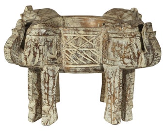 Eclectic Mango Wood Elephant Bowl | Hand Carved Distressed Catchall | Unique Candle Holder | Rustic Centerpiece | Table Decor