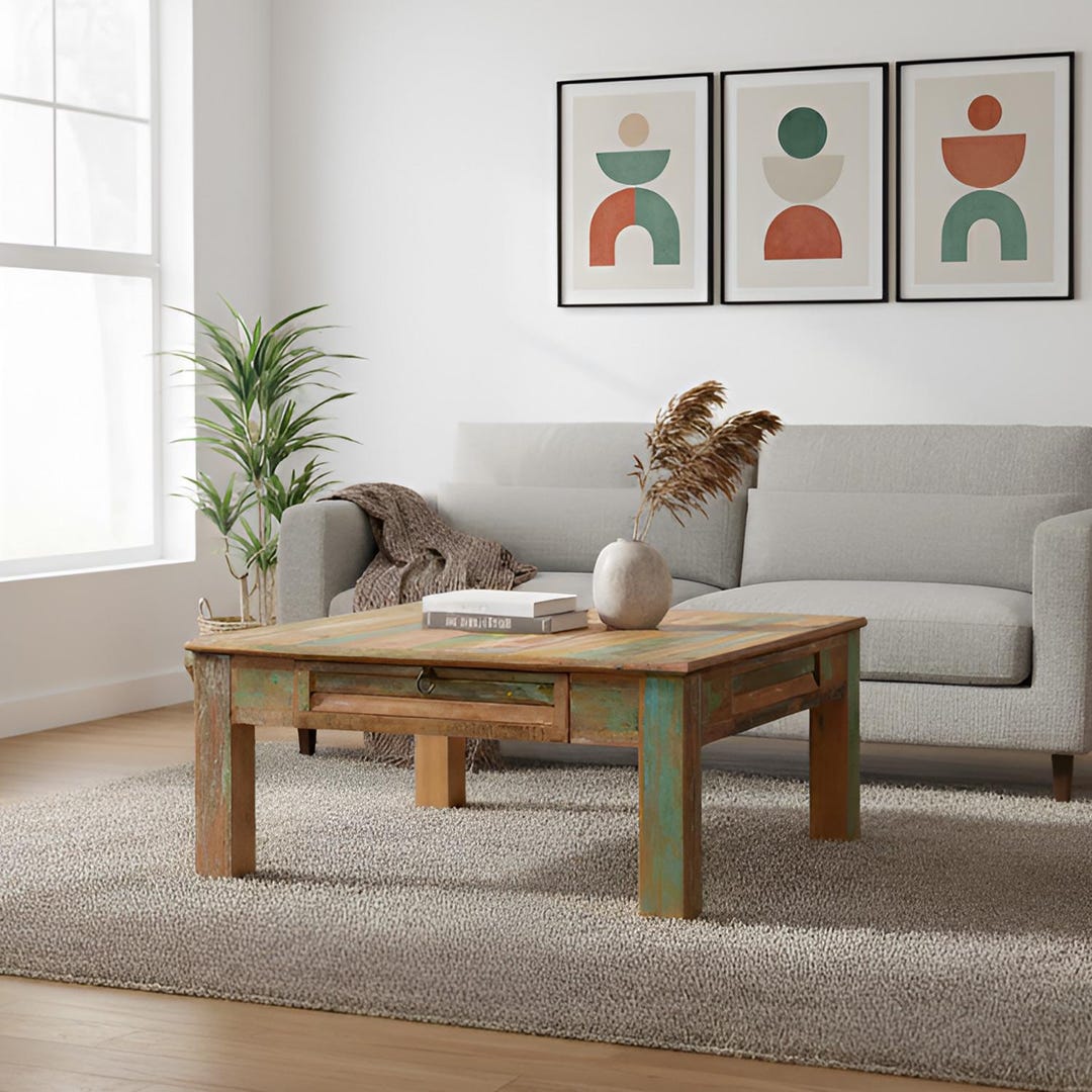 Square Rustic Coffee Table With Drawers | Solid Wood Reclaimed Center ...