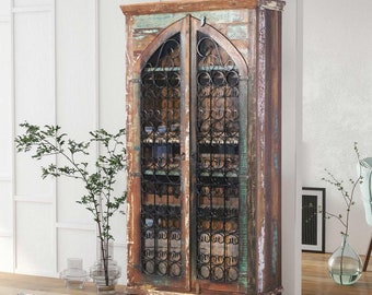 84 Inch Tall Antique Farmhouse Style Wine Bar Cabinet with Glass Door | Vintage Liquor Storage Armoire | Solid Wood Living Room Mancave Bar