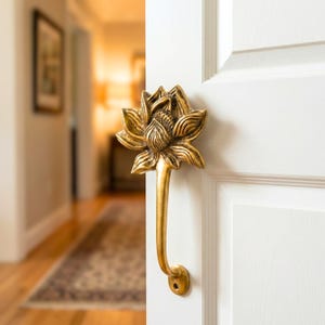 Ornate 10" Solid Brass Lotus Door Handle | Antique Floral Cabinet Pull | Handcrafted Indian Hardware for Main Entry | Eclectic Gate Grip