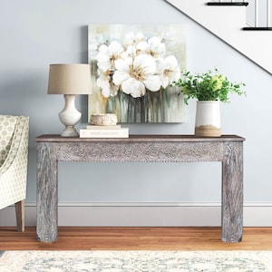 Antique Carved Doorframe Upcycled Distressed White 62&quot; Console | Solid Wood Sofa Table | Reclaimed Wood Hallway Table | Farmhouse Style