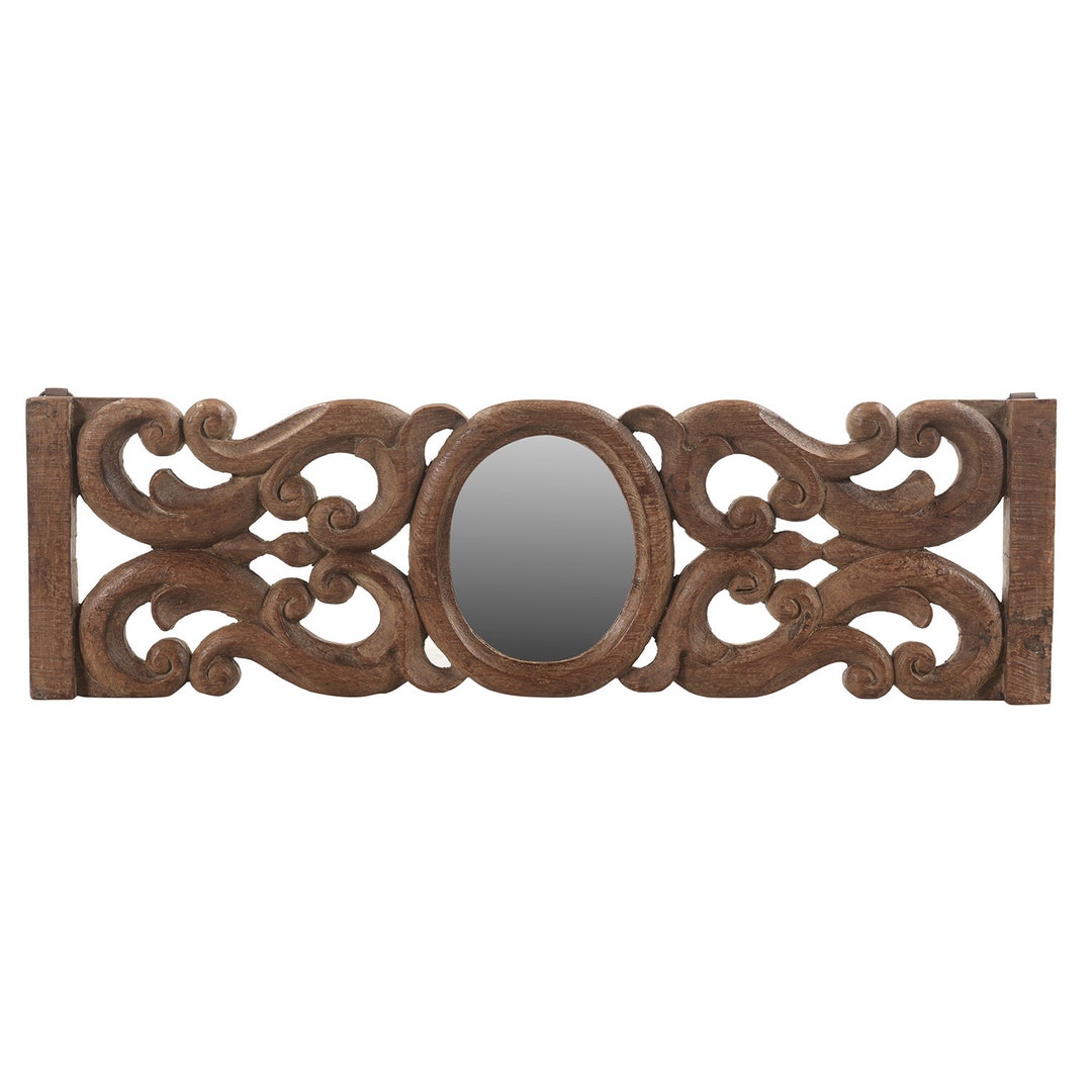 Vintage Lattice Carved Wooden Wall Hanging With Mirror Accent 31 Long 9