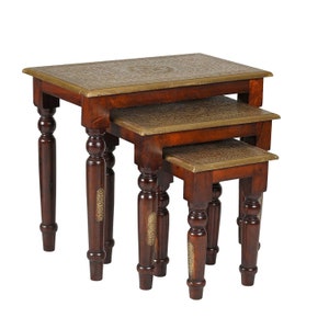 Transitional Style Hand Hammered Brass Foil Accented Wooden Nest Of Tables | Ornate Set Of 3 Side Tables | Indian Furniture | Nesting Tables
