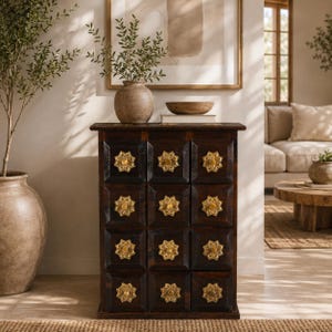 May include: A dark brown wooden cabinet featuring twelve square drawers arranged in a four-by-three grid. Each drawer is equipped with a prominent, circular, gold-colored metal knob shaped like a stylized flower with detailed petals.