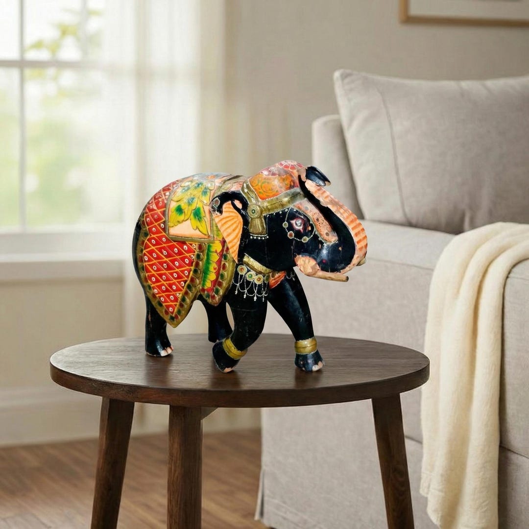 Hand Carved Teak Wood Elephant Statue | Vintage Hand Painted Indian ...
