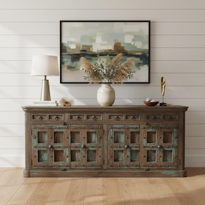 Farmhouse Style Rustic 93" Long Solid Wood Sideboard | Antique Teak Wood Door Repurposed Buffet | Distressed Brown Blue Credenza