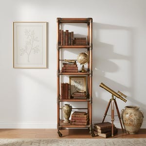 May include: A rustic, copper-toned bookshelf filled with antique books, a globe, and decorative items. A brass telescope on a wooden tripod stands nearby, along with a large, ornate vase. A framed botanical print hangs on the wall, adding to the vintage aesthetic.