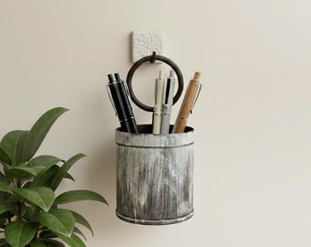Industrial Metal Pen Holder for Desk | Antique Iron Curry Pot Repurposed as Rustic Farmhouse Vase | Office Decor Gift | Small Plant Pot