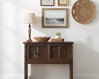 Rustic Antique Teak Wood Door Repurposed 38" Long Console | Ranch Country Style Sofa Table | Small Narrow Entryway Table