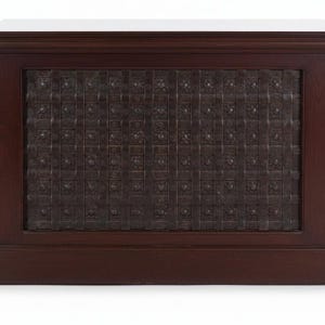 May include: A rectangular wooden cabinet featuring a dark brown finish and a central panel composed of a dark metal grid. The grid consists of intersecting vertical and horizontal metal strips, each adorned with small, evenly spaced metal studs.